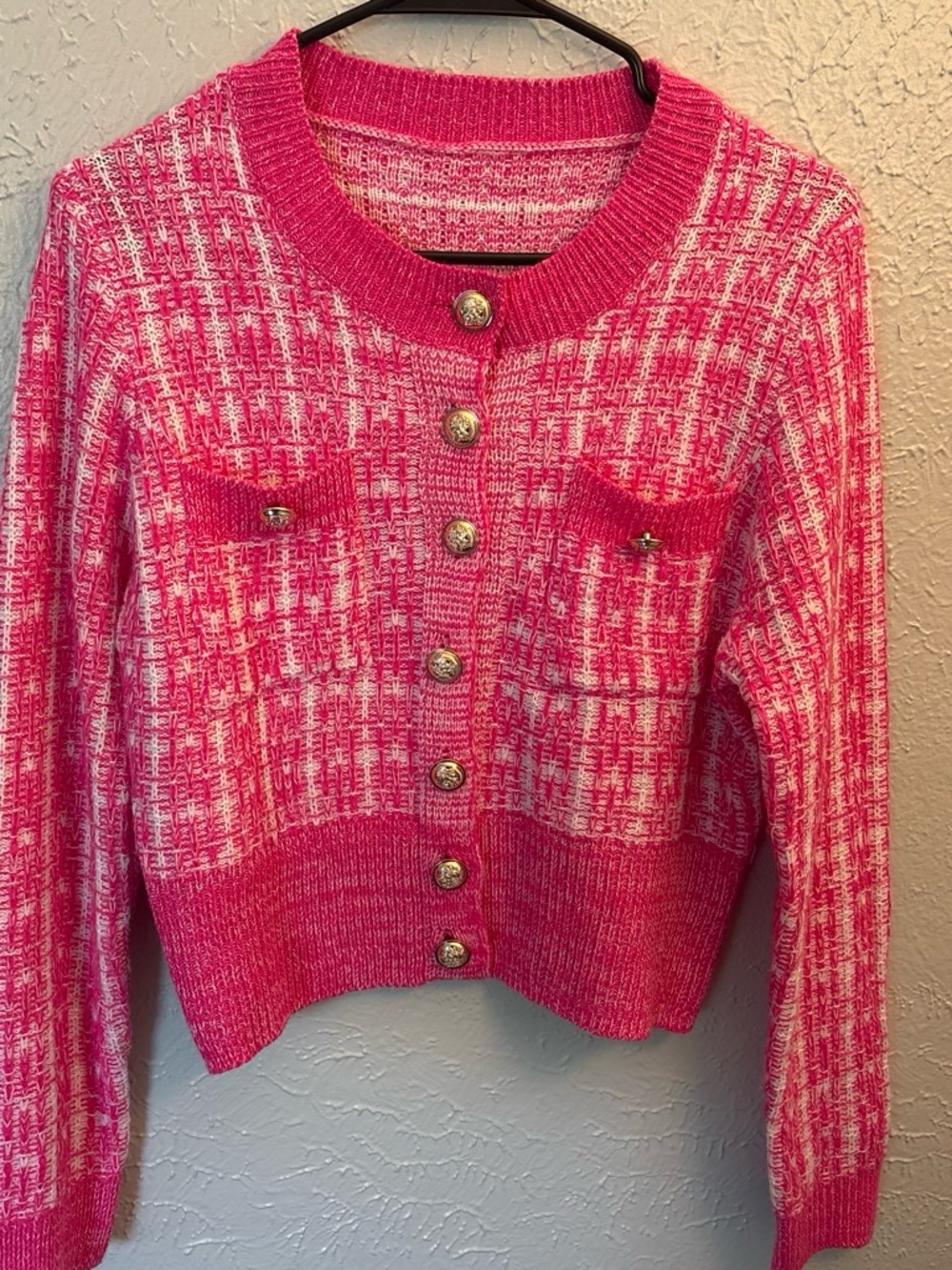 Hot Pink Tweed Knit Button-Front Women's Sweater
